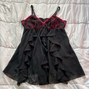 Womens Black Red Ruffle Negligee Slip Babydoll Lace Sexy Adjustable Y2K Retro